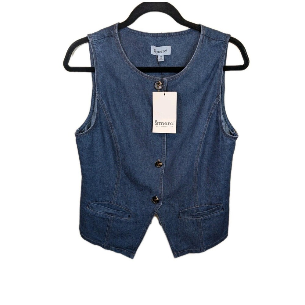 &Merci Denim Vest Blue Cotton Western Rodeo Button Front Size Medium